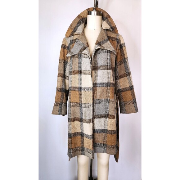 70s Plaid Coat jacket with Pointed Collar and Pockets - Blanket Coat Belted XS S - Picture 6 of 10